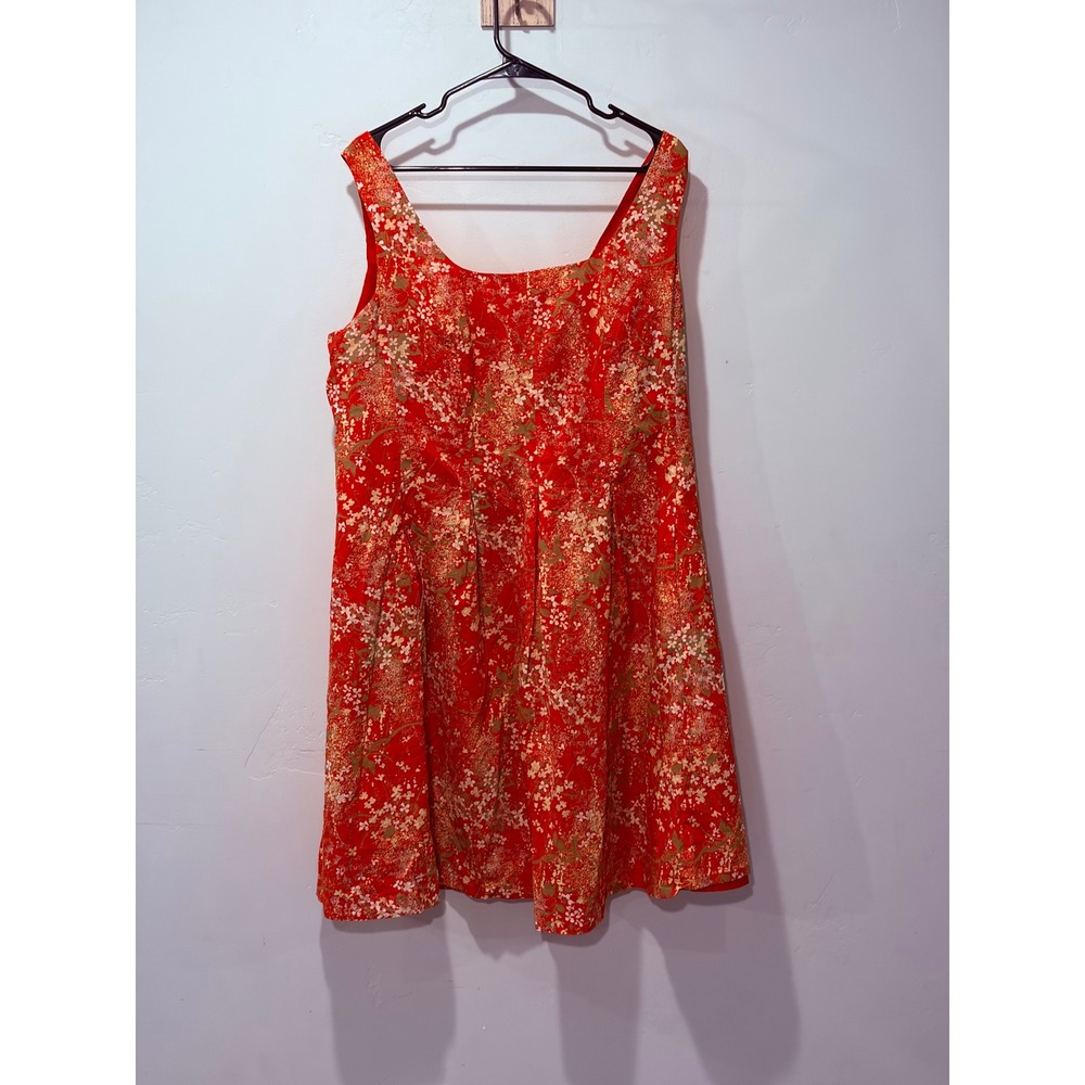 Jones Studio Red Floral Cotton Sleeveless Shift Dress 16W Scoop Neck Summer